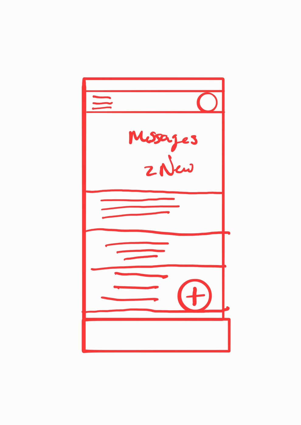 Hand-drawn research sketch of a messages list with an unread count
