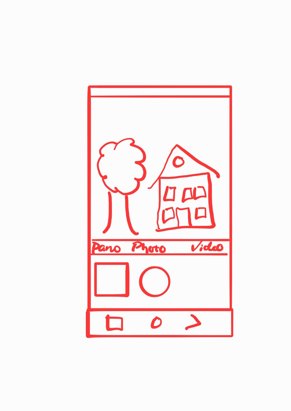 Hand-drawn research sketch of a camera screen with Pano, Photo, Video modes