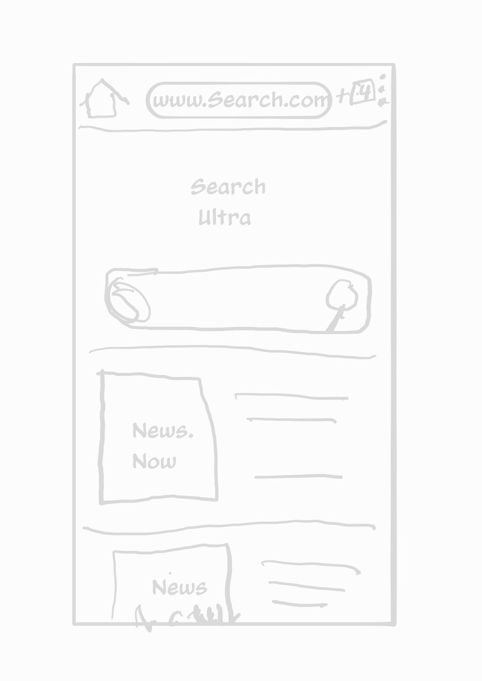 Hand-drawn research sketch of a web browser home screen
