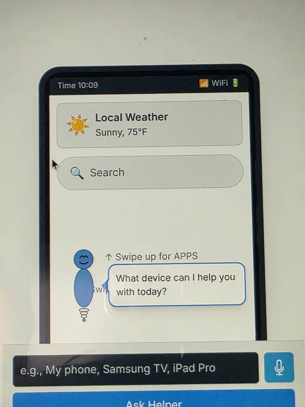 Annotated wireframe of the ADIN home screen with weather, search, and helper