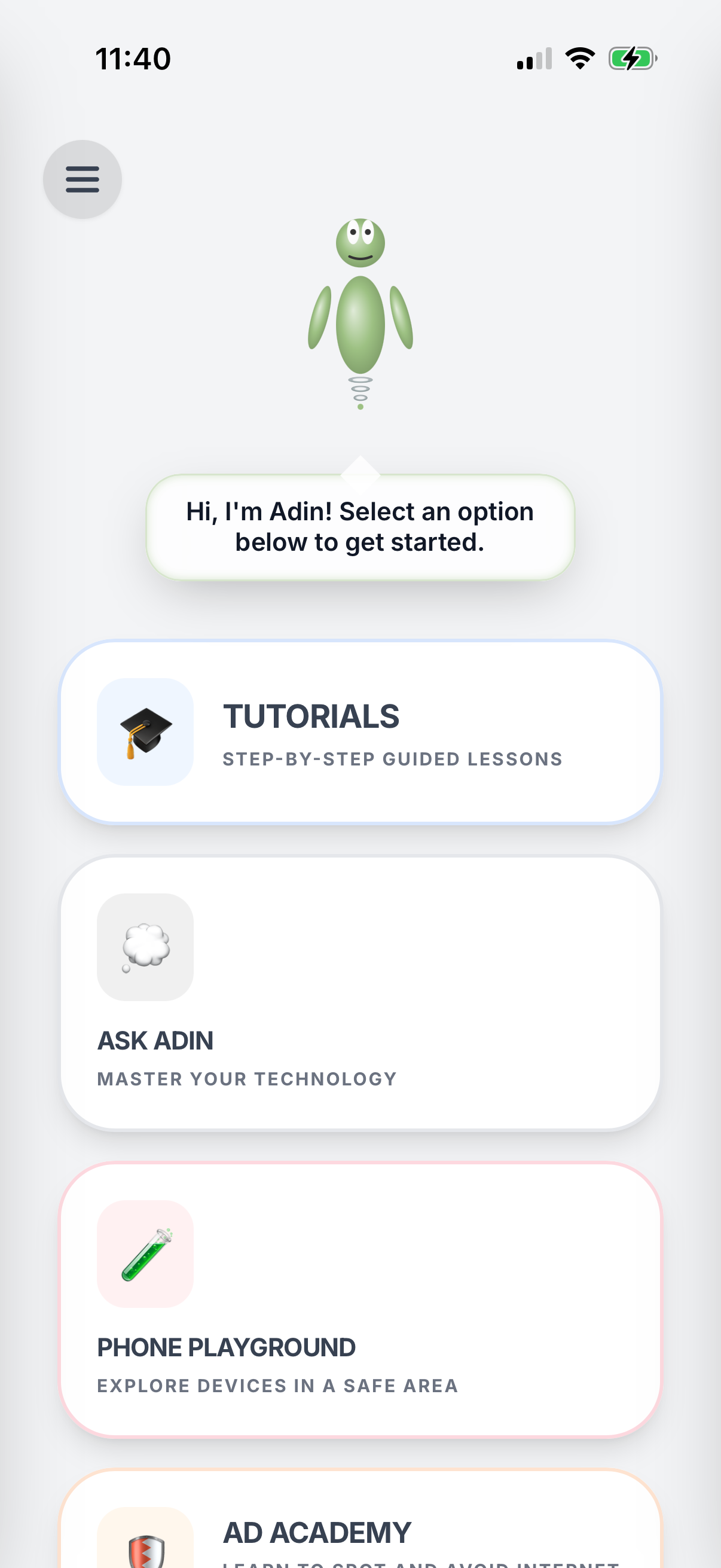 ADIN main menu on iPhone