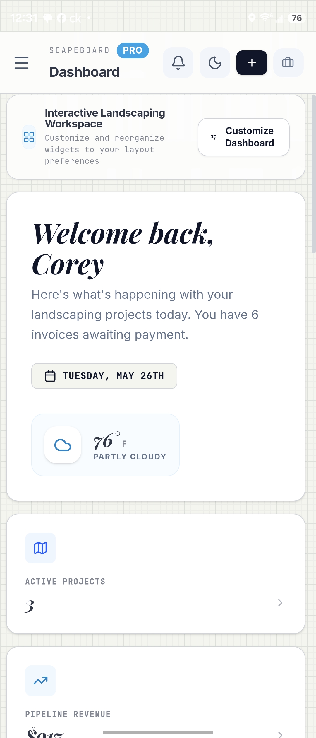 Scapeboard dashboard — interactive landscaping workspace