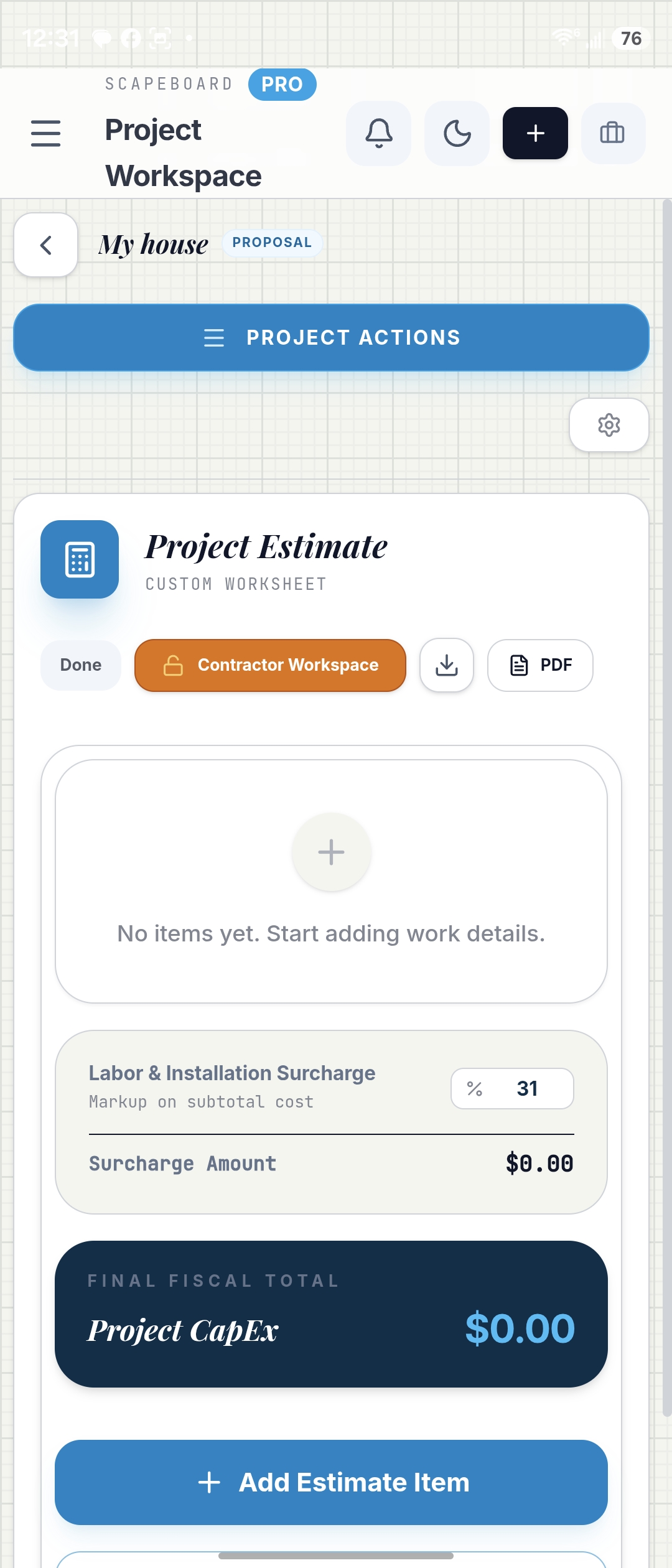 Scapeboard estimate workspace